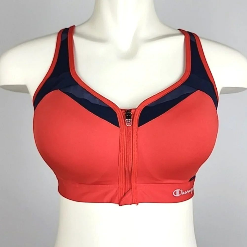 Champion Women's High Motion Control Impact Front Zip Red Blue Sports Bra Size M - Picture 1 of 15
